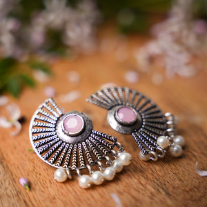 Baby Pink Stone Studded Oxidised Earrings With Hanging Pearls