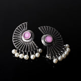 Baby Pink Stone Studded Oxidised Earrings With Hanging Pearls