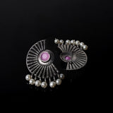 Baby Pink Stone Studded Oxidised Earrings With Hanging Pearls