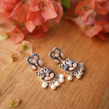 Light Orangish Stone Studded Delicate Oxidised Earrings With Hanging Pearls