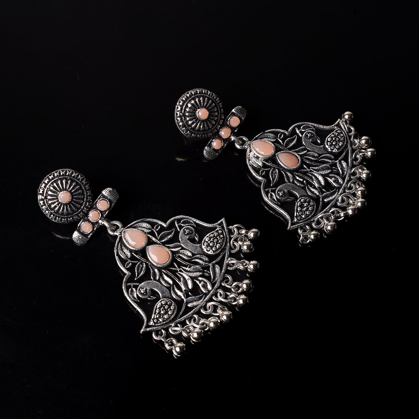 Light Orangish Stone Studded Oxidised Danglers