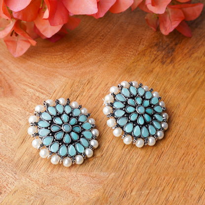 Mint Stone Studded Round Oxidised Studs With Embellished Pearls