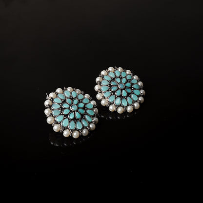 Mint Stone Studded Round Oxidised Studs With Embellished Pearls