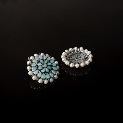 Mint Stone Studded Round Oxidised Studs With Embellished Pearls