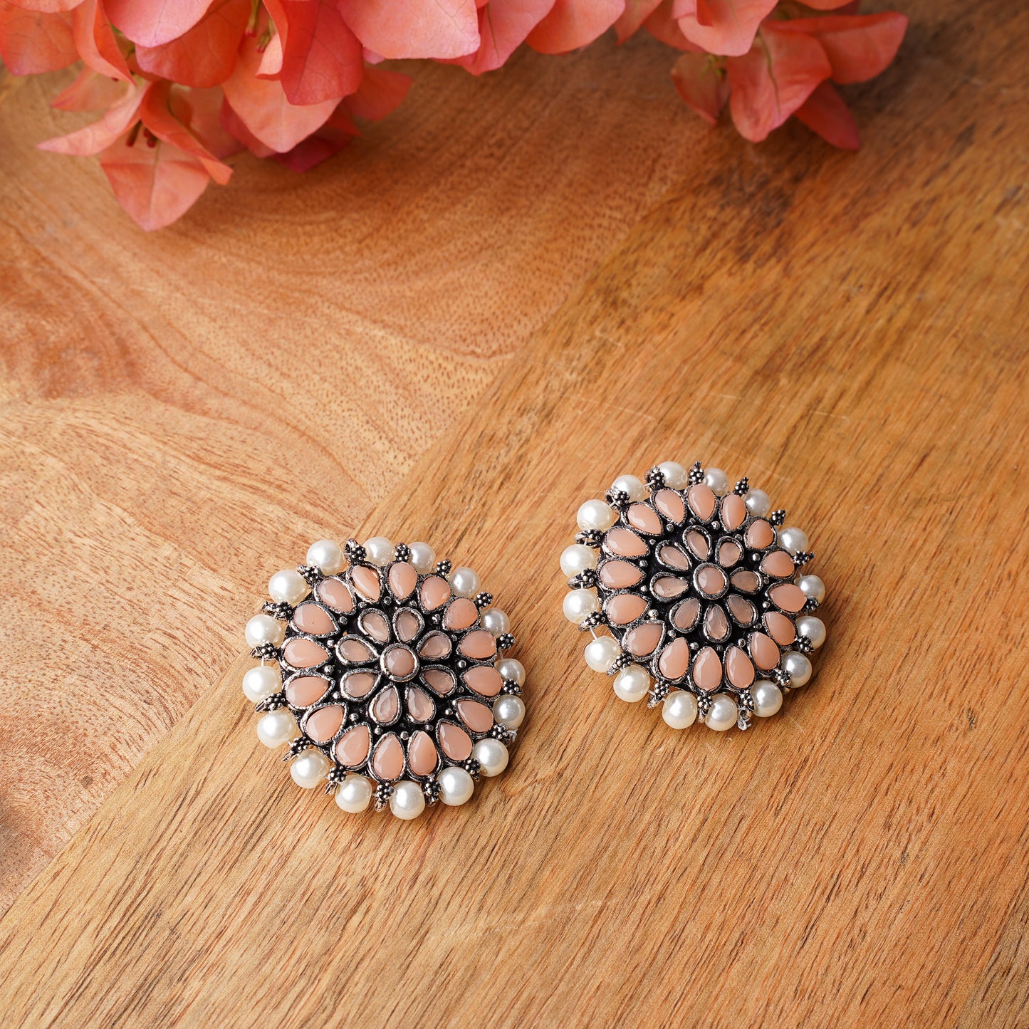 Light Orangish Stone Studded Round Oxidised Studs With Embellished Pearls