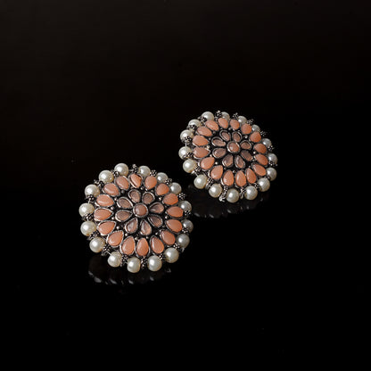 Light Orangish Stone Studded Round Oxidised Studs With Embellished Pearls