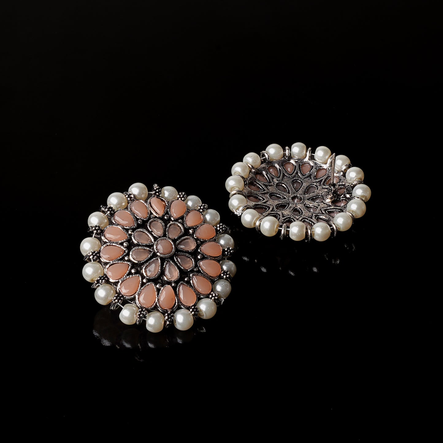 Light Orangish Stone Studded Round Oxidised Studs With Embellished Pearls