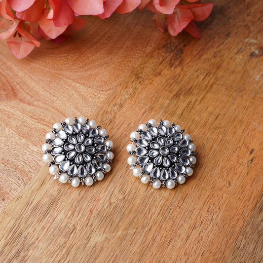 White Stone Studded Round Oxidised Studs With Embellished Pearls