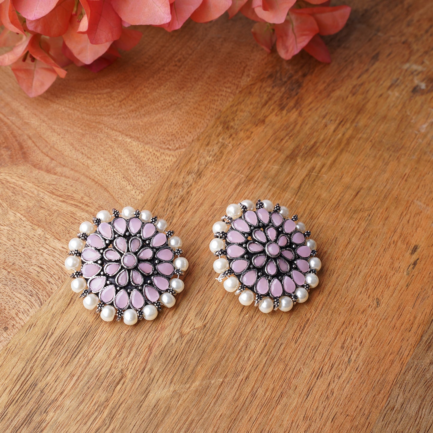 Baby Pink Stone Studded Round Oxidised Studs With Embellished Pearls