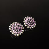 Baby Pink Stone Studded Round Oxidised Studs With Embellished Pearls