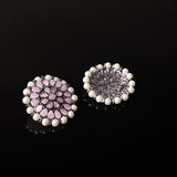 Baby Pink Stone Studded Round Oxidised Studs With Embellished Pearls