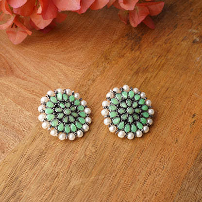 Pista Stone Studded Round Oxidised Studs With Embellished Pearls