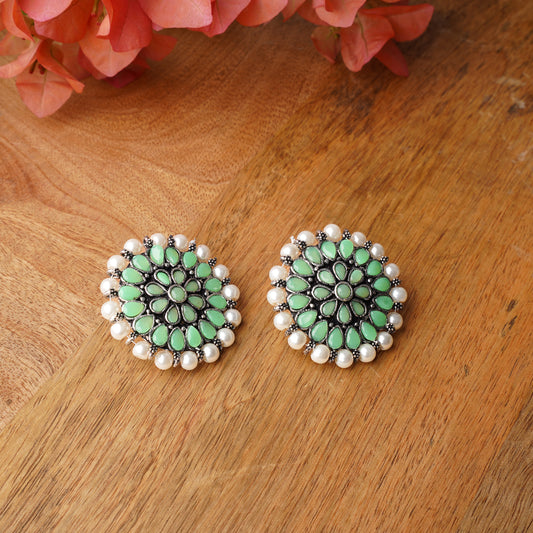 Pista Stone Studded Round Oxidised Studs With Embellished Pearls