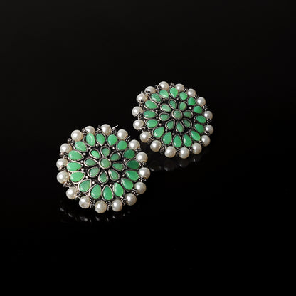 Pista Stone Studded Round Oxidised Studs With Embellished Pearls