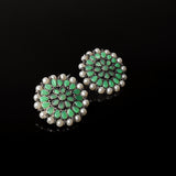 Pista Stone Studded Round Oxidised Studs With Embellished Pearls