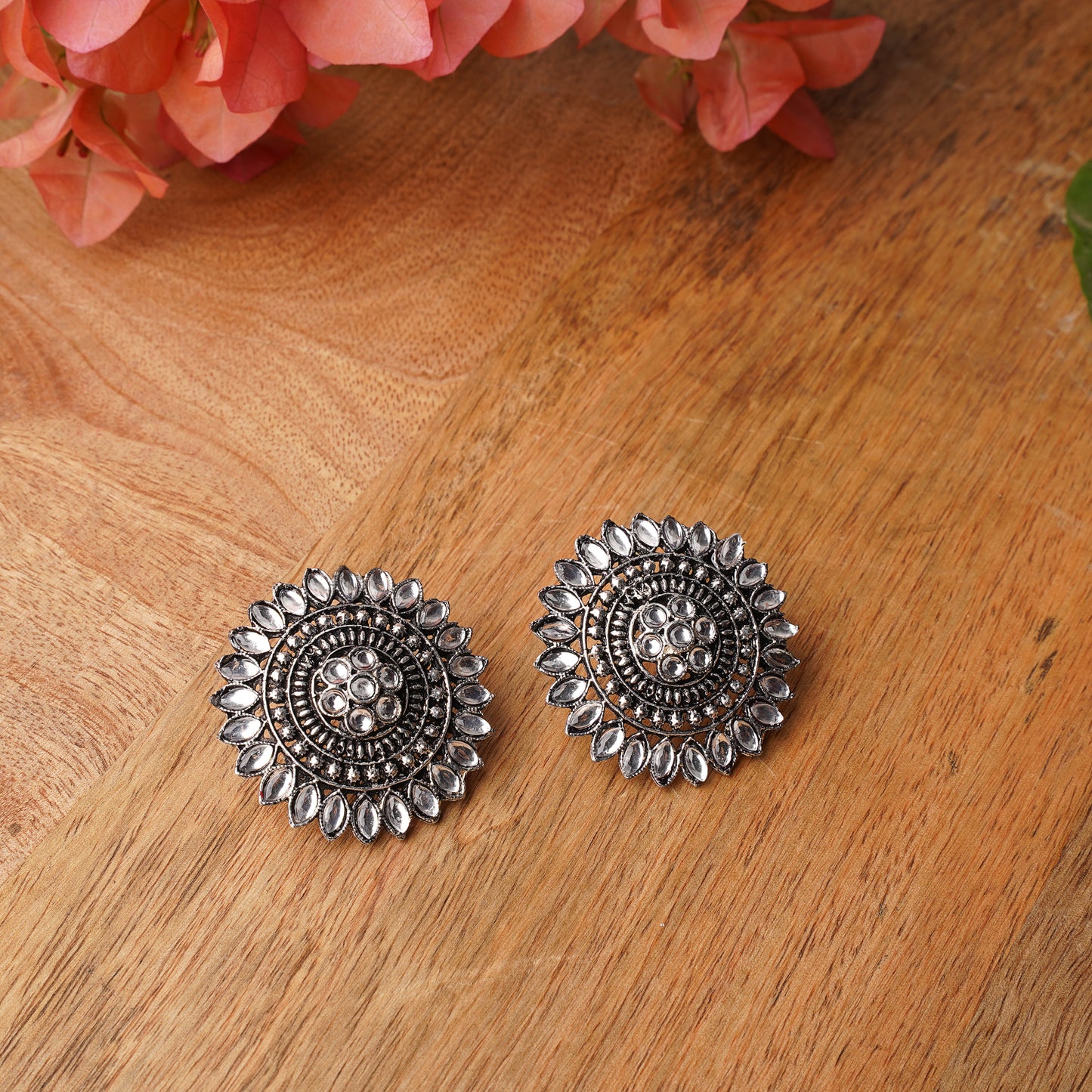 White Stone Studded Intricate Oxidised Stud Earrings