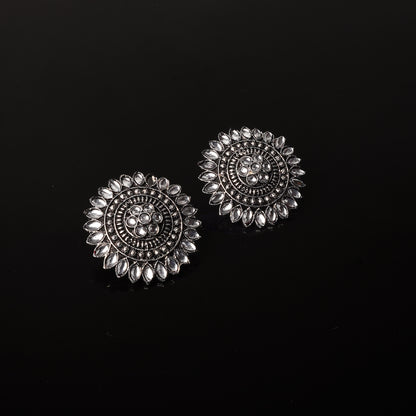 White Stone Studded Intricate Oxidised Stud Earrings