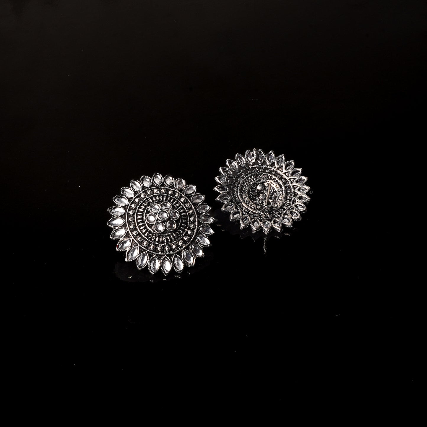 White Stone Studded Intricate Oxidised Stud Earrings