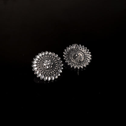 White Stone Studded Intricate Oxidised Stud Earrings