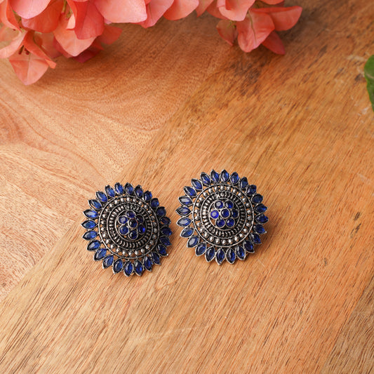 Blue Stone Studded Intricate Oxidised Stud Earrings