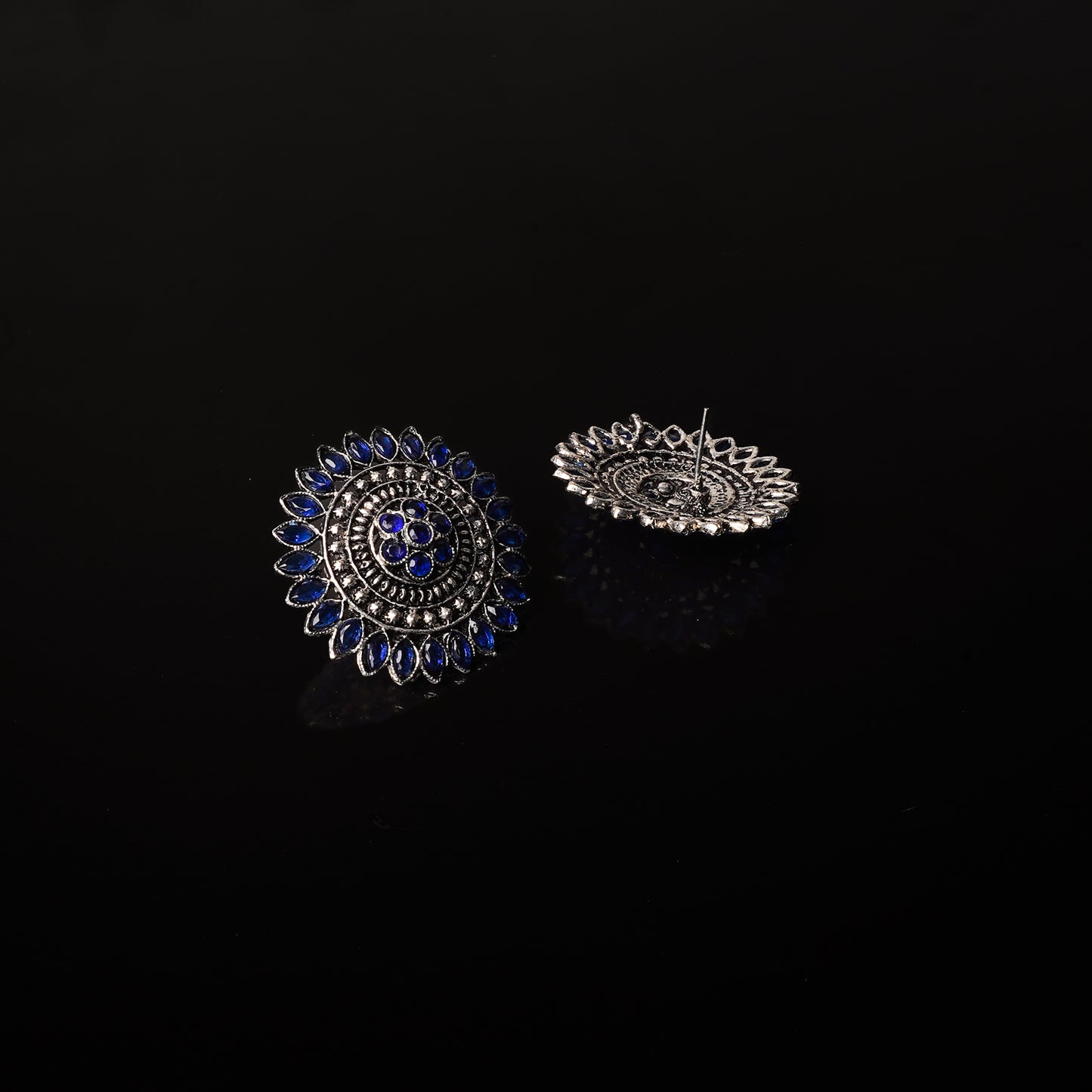 Blue Stone Studded Intricate Oxidised Stud Earrings