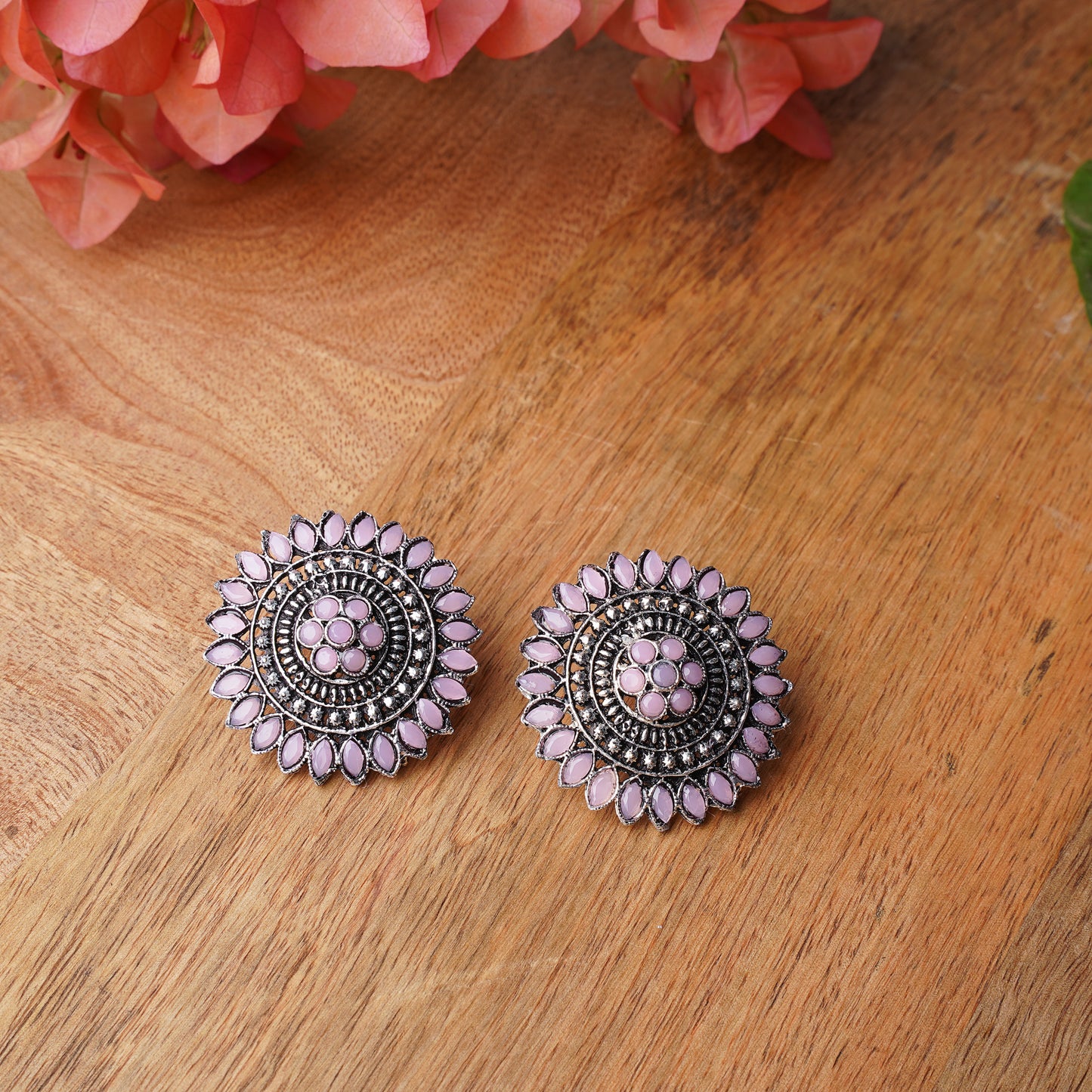 Baby Pink Stone Studded Intricate Oxidised Stud Earrings