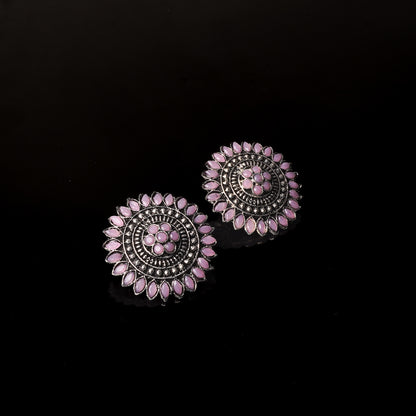 Baby Pink Stone Studded Intricate Oxidised Stud Earrings