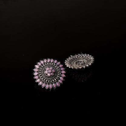 Baby Pink Stone Studded Intricate Oxidised Stud Earrings