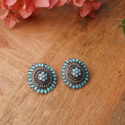 Mint Stone Studded Intricate Oxidised Stud Earrings