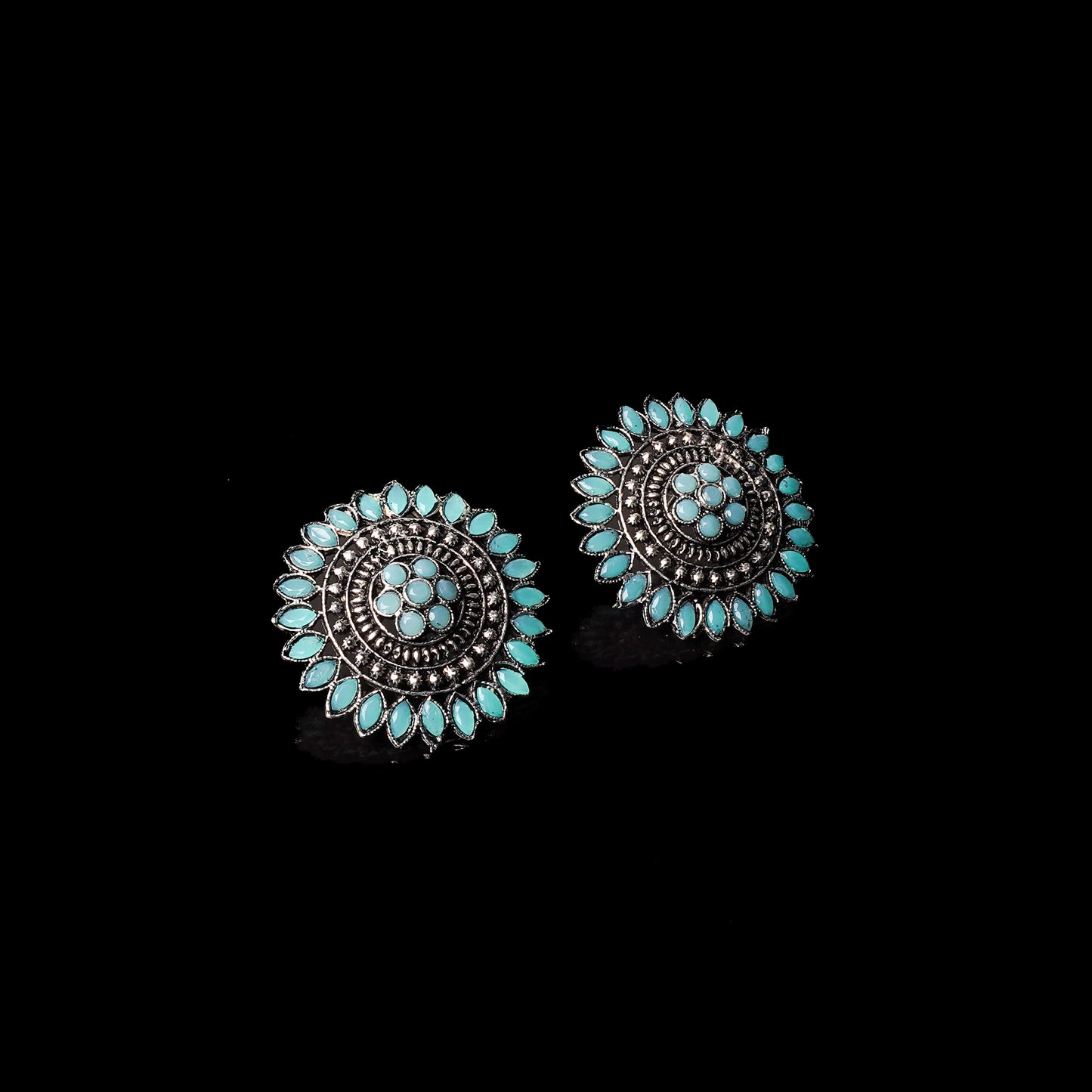 Mint Stone Studded Intricate Oxidised Stud Earrings