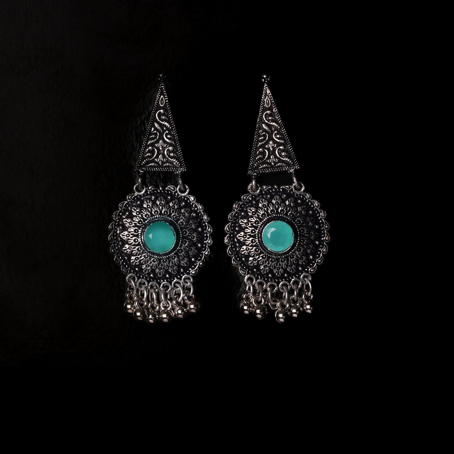 Mint Stone Studded Oxidised Earrings