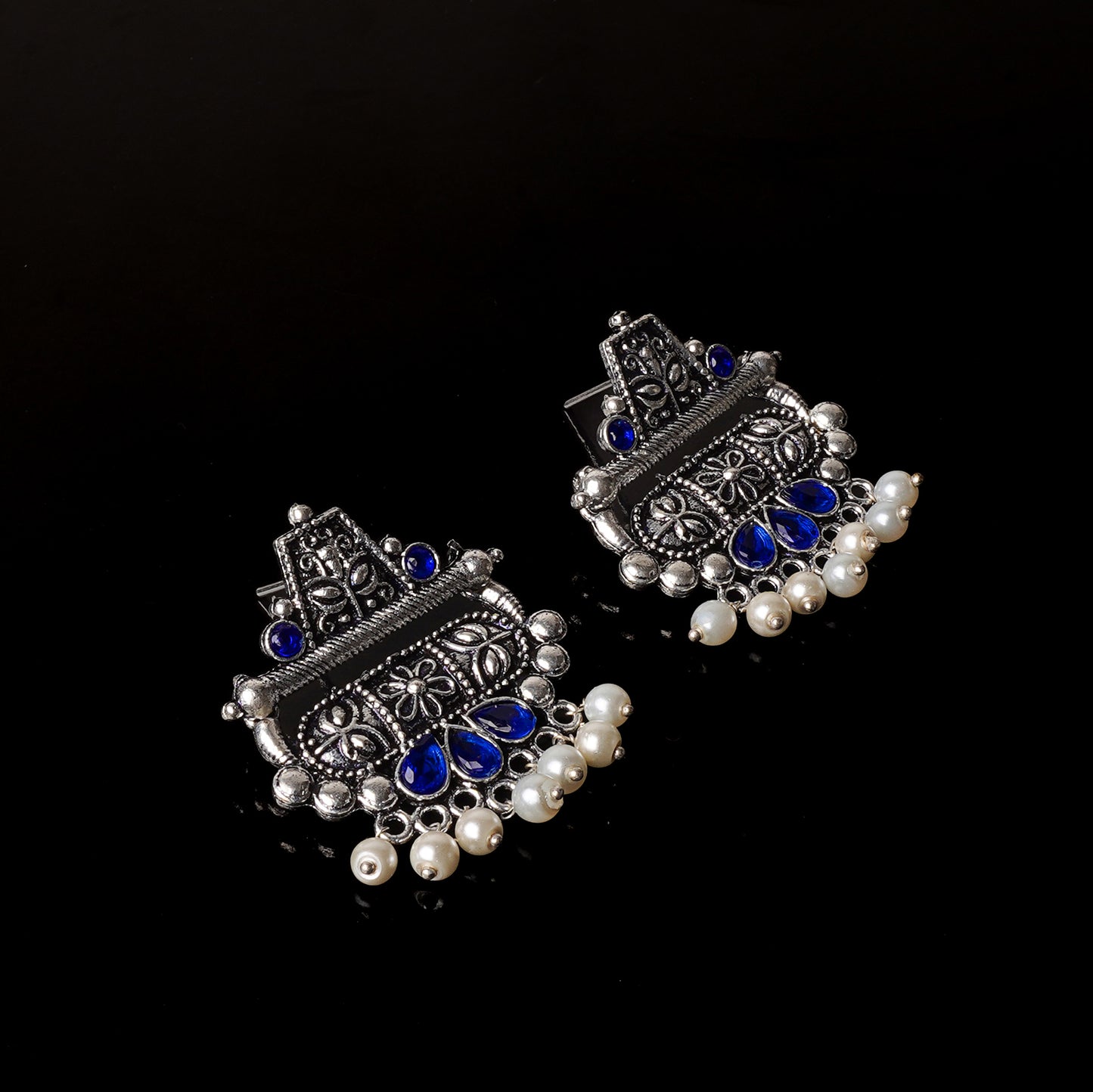 Blue Stone Studded Oxidised Earrings With Hanging Pearl