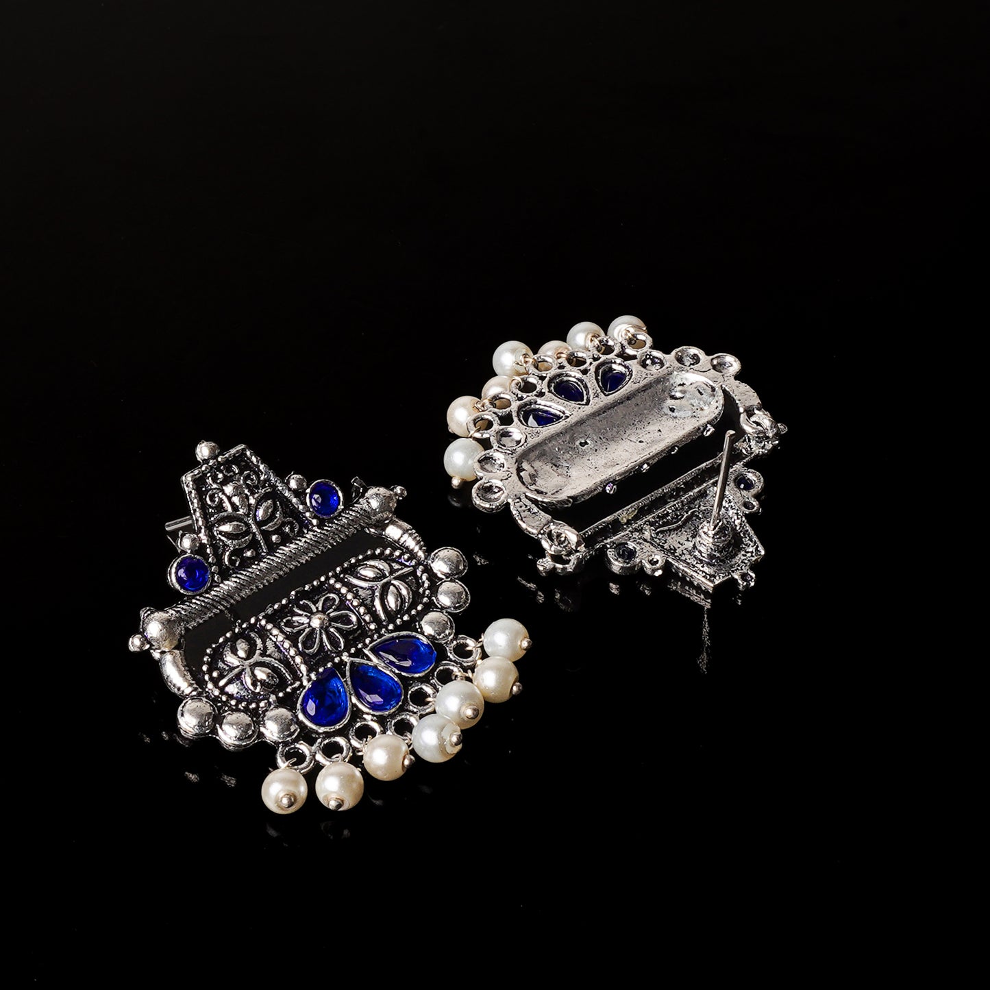 Blue Stone Studded Oxidised Earrings With Hanging Pearl