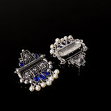 Blue Stone Studded Oxidised Earrings With Hanging Pearl
