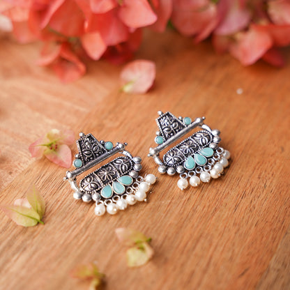 Mint Stone Studded Oxidised Earrings With Hanging Pearl