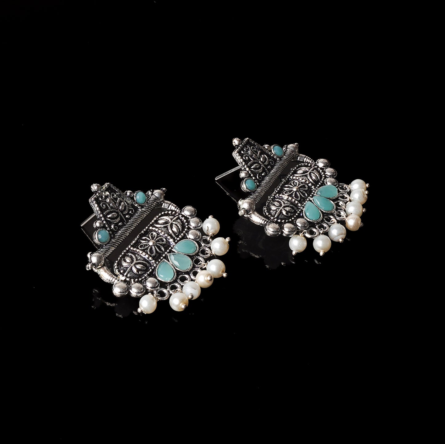 Mint Stone Studded Oxidised Earrings With Hanging Pearl