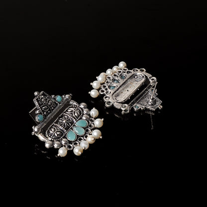 Mint Stone Studded Oxidised Earrings With Hanging Pearl