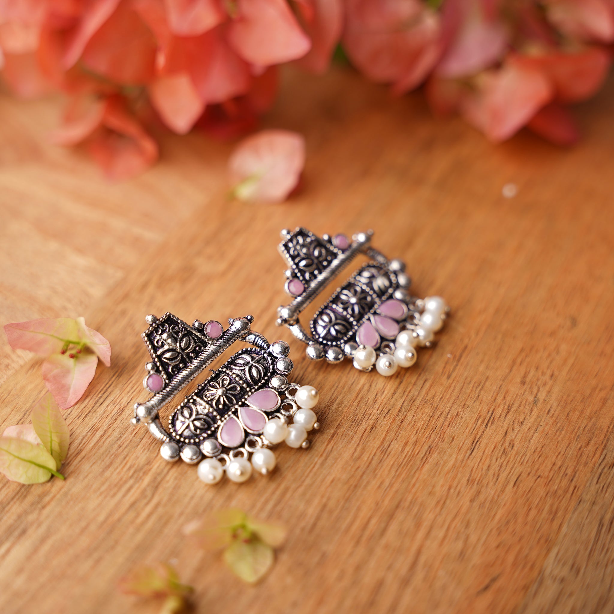 Baby Pink Stone Studded Oxidised Earrings with Hanging Pearl  StylishKudi