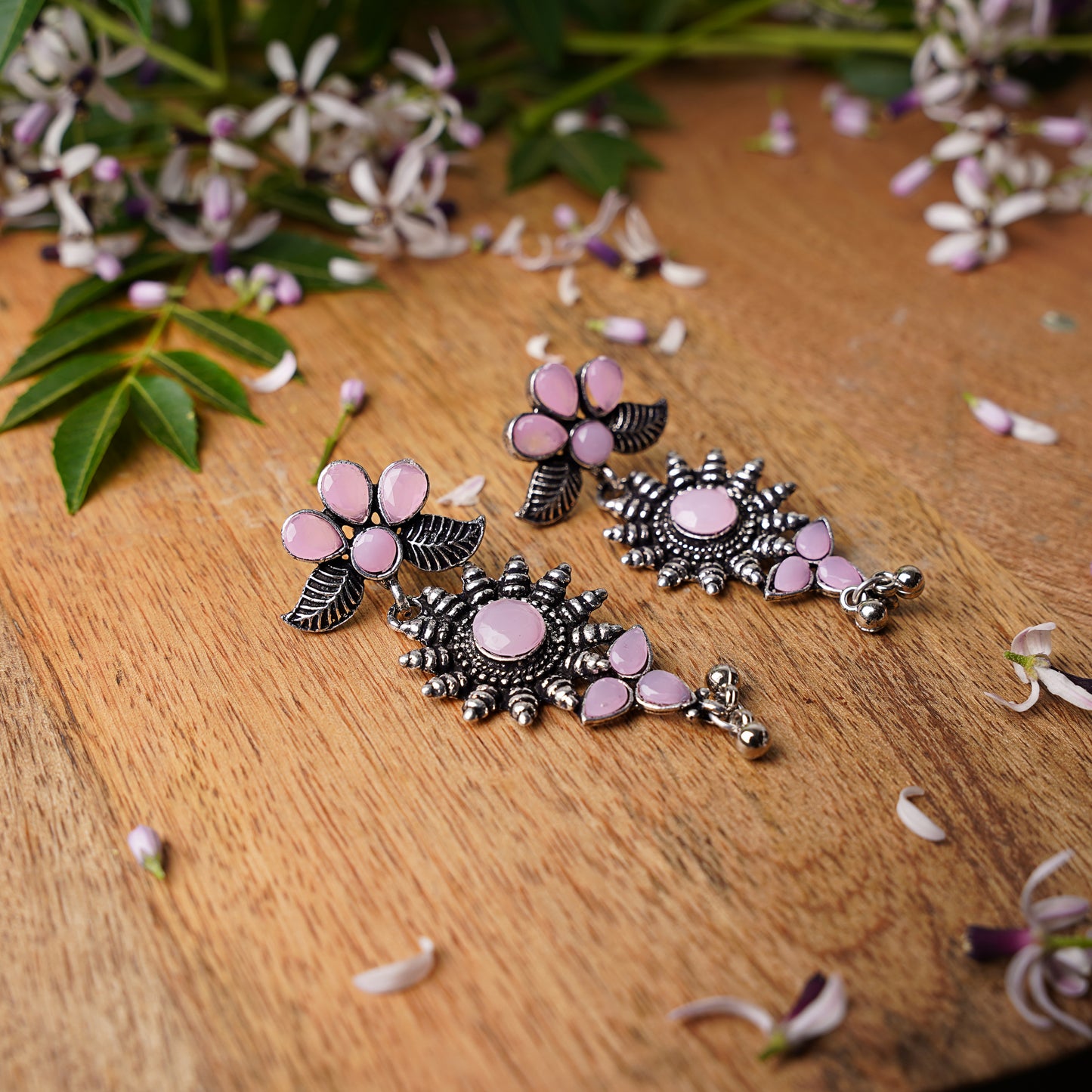 Baby Pink Stone Studded Oxidised Earrings