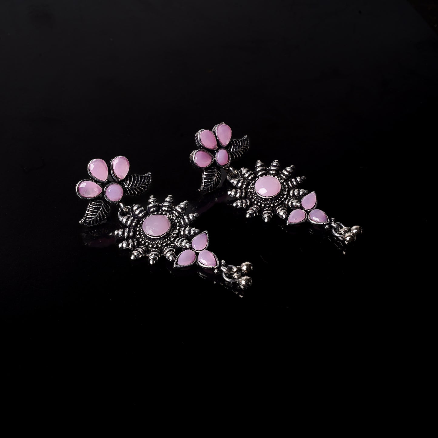 Baby Pink Stone Studded Oxidised Earrings