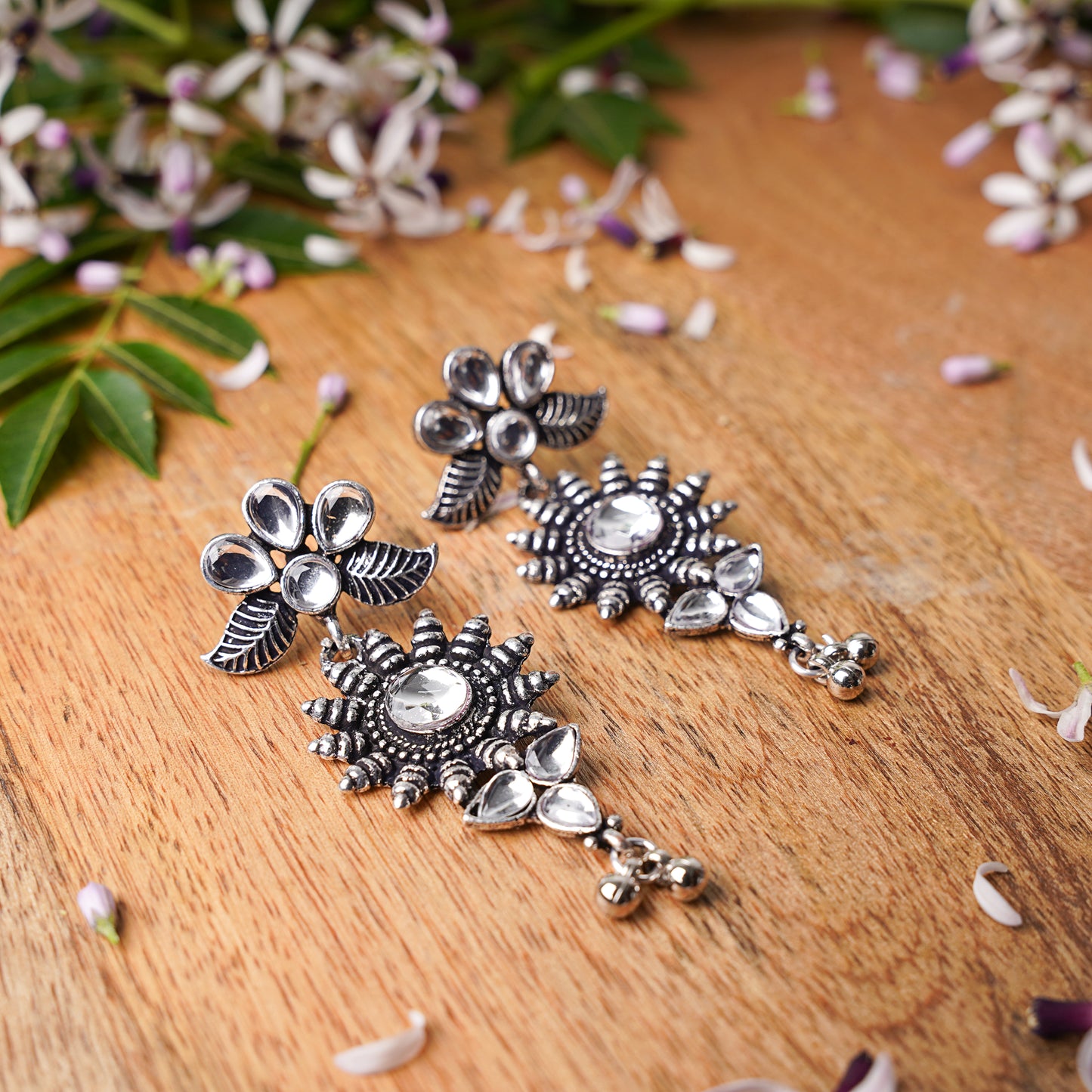 White Stone Studded Oxidised Earrings