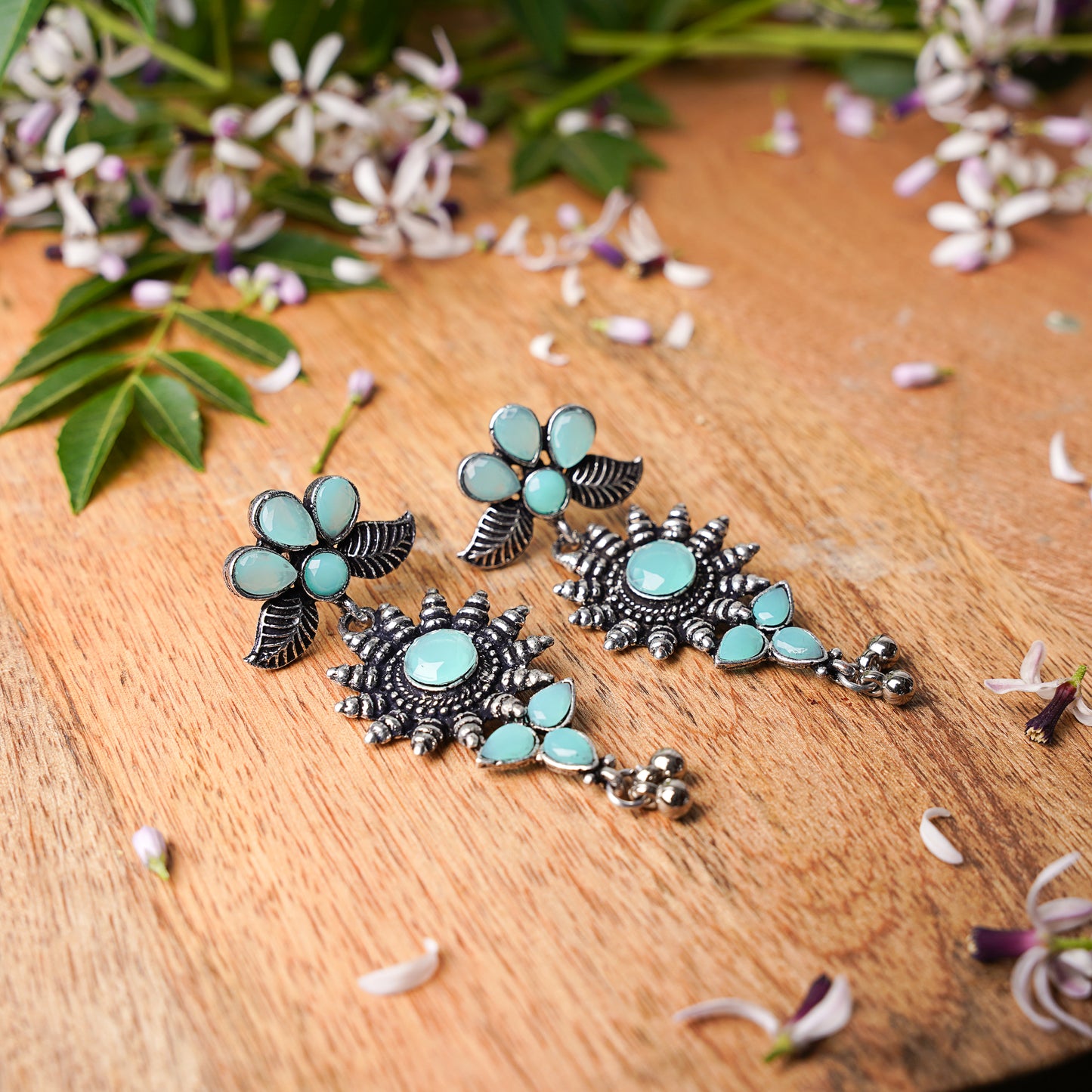 Mint Stone Studded Oxidised Earrings