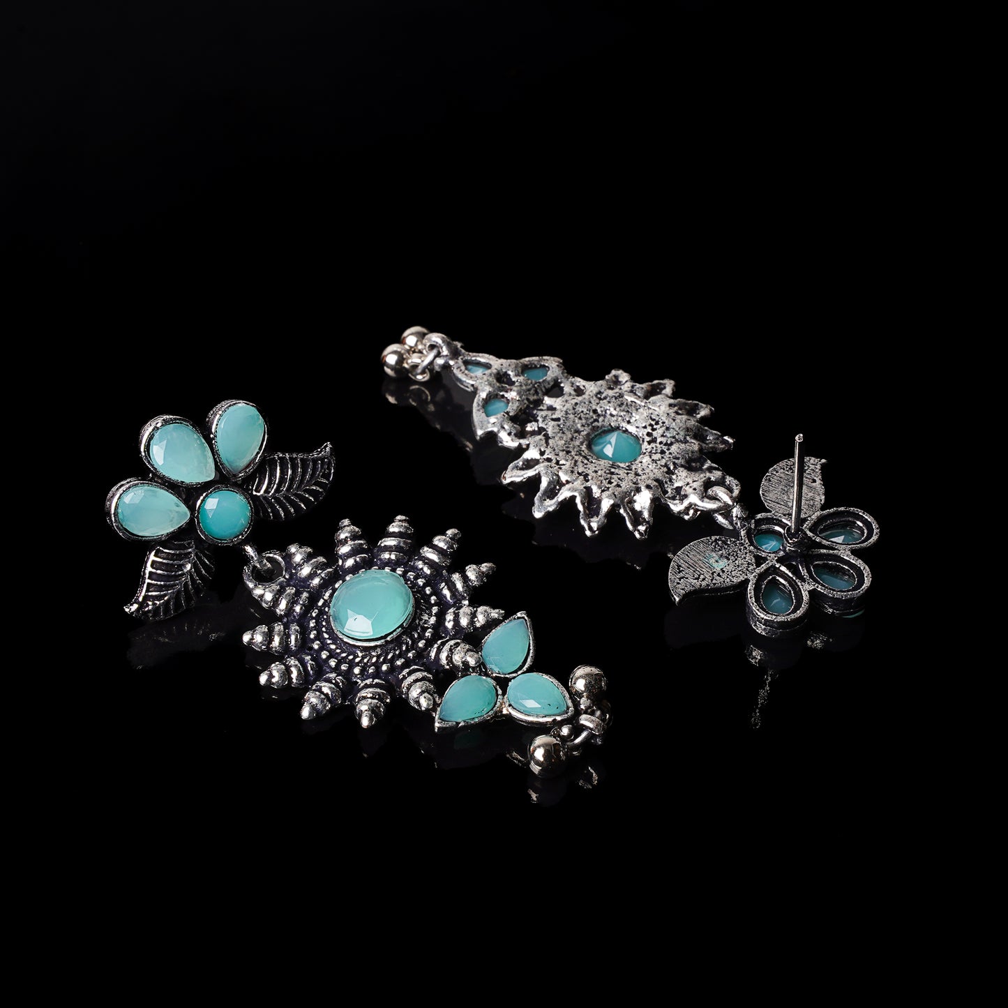 Mint Stone Studded Oxidised Earrings