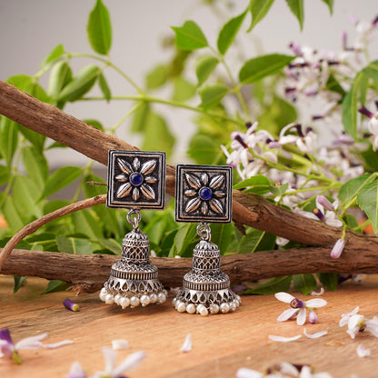 Blue Stone Studded Oxidised Earrings With Hanging Pearls