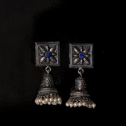 Blue Stone Studded Oxidised Earrings With Hanging Pearls