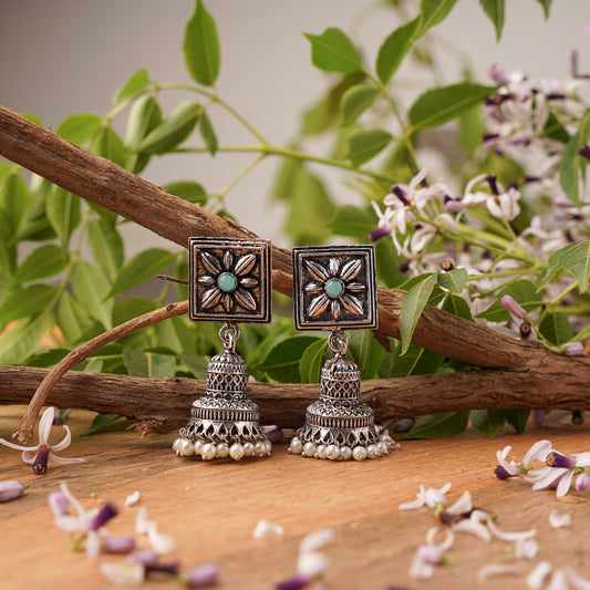 Mint Stone Studded Oxidised Earrings With Hanging Pearls