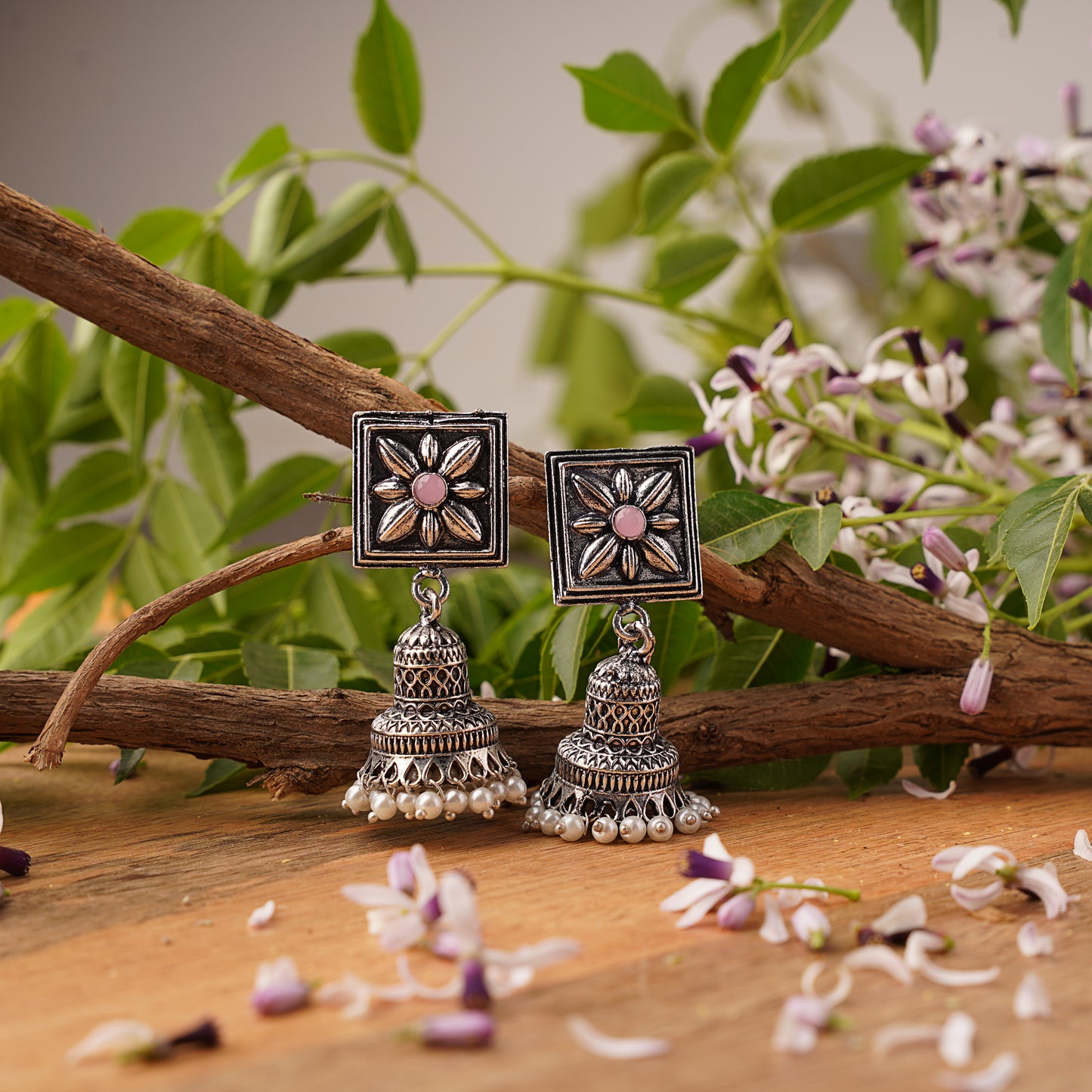 Baby Pink Stone Studded Oxidised Earrings With Hanging Pearls