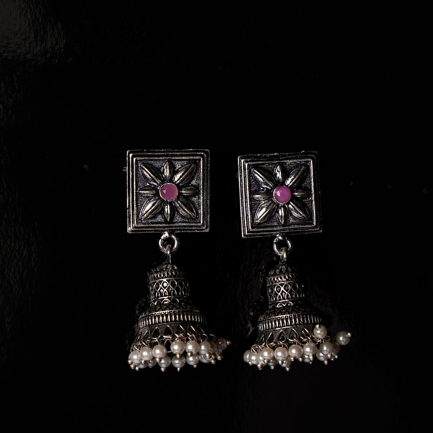 Baby Pink Stone Studded Oxidised Earrings With Hanging Pearls