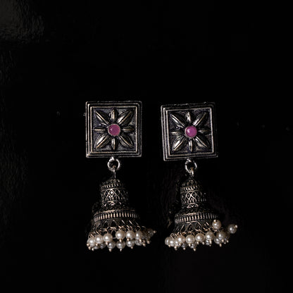 Baby Pink Stone Studded Oxidised Earrings With Hanging Pearls