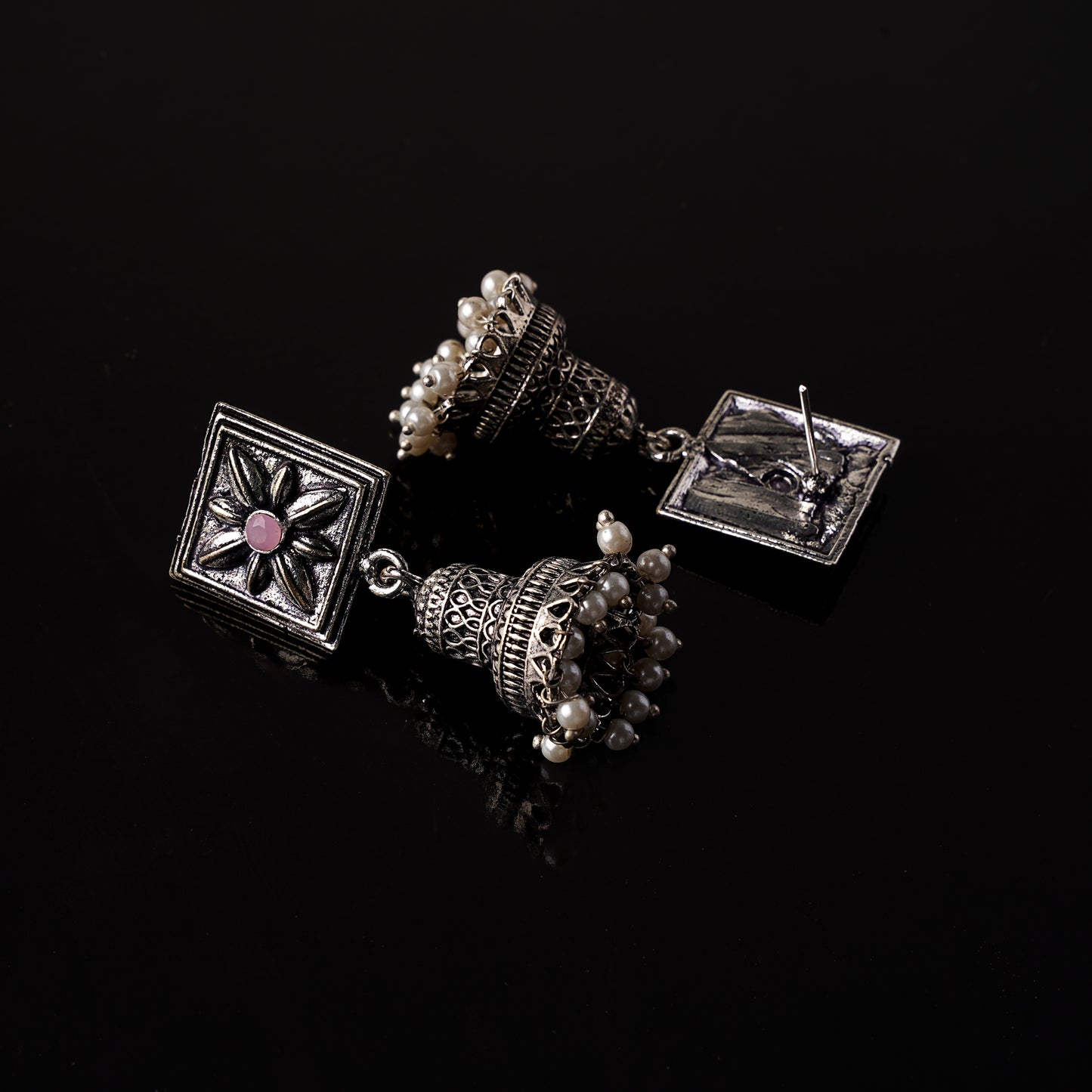 Baby Pink Stone Studded Oxidised Earrings With Hanging Pearls